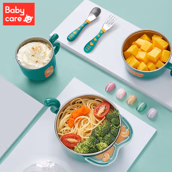 BABY CARE餐具套装宝宝保温碗不锈钢碗婴儿童碗勺套装 餐具五件套-雀湖绿