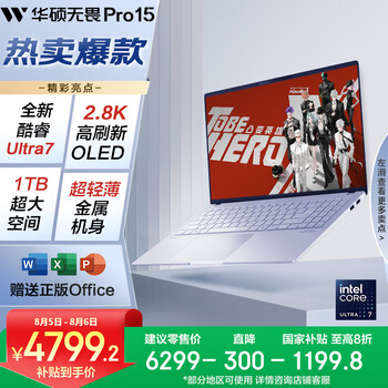 华硕无畏Pro15 酷睿版 国家补贴20% Ultra7 2.8K OLED高性能AI超轻薄笔记本电脑(155H 32G 1T)