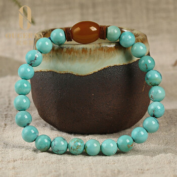 欧采妮湖北原矿绿松石手链高瓷天空蓝佛珠手串配老蜜蜡珠子男女款送证书 绿松老蜜手串