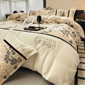 克努帛重工刺绣加厚雕花牛奶绒冬季保暖四件套 床笠绒加密型绒套件 玫语jz 床笠款 1.5米床(被套200*230cm)