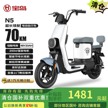 宝岛N5新国标电动自行车 48V20Ah铅酸电池 续航70km智能解锁高颜值踏板 塔夫白 部分地区国补