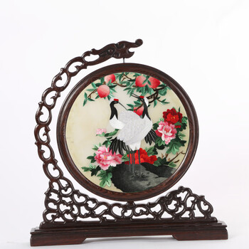 龙头架红木苏绣丝绣品台屏客厅双面绣精品摆件工艺品礼品刺绣 西瓜红