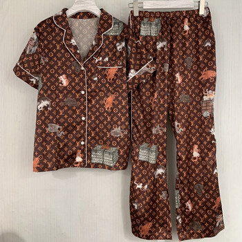 【2019新品上市】舒淇同款猫咪图案印真丝缎面薄款lv睡衣男女情侣款