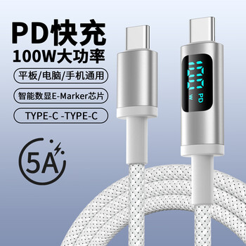 千飒SX23数据线 100W数显双type-c快充PD手机数据线 适用于苹果三星小米华为快充 【SX23WH】100W数显C-C 静谧白  1米