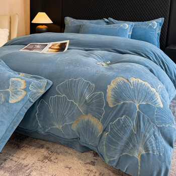 克努帛重工刺绣加厚雕花牛奶绒冬季保暖四件套 床笠绒加密型绒套件 杏福美满-宝蓝jz 床单款 1.5米床(被套200*230cm)