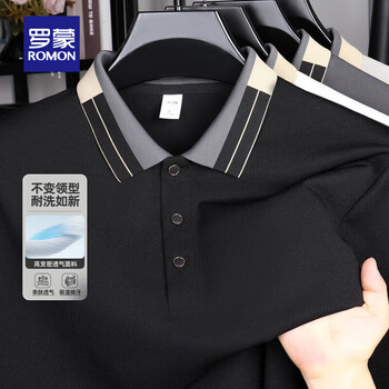 罗蒙（ROMON）撞色翻领POLO衫男春夏新款商务百搭凉感打底T恤衫男 605黑色 【长袖款】 M 【建议90-110斤】