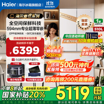 国家补贴：海尔 Haier 麦浪系列 BCD-510WGHFD1BNXU1 风冷法式多门冰箱 510L 白色系