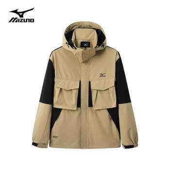 美津浓户外冲锋衣男连帽宽松夹克外套男女同款防风登山服 3110卡其/黑色（单冲） 2XL