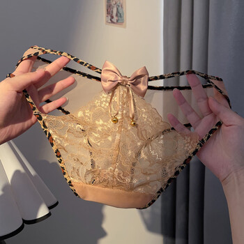 PEANOJEAN铃铛会响豹纹禁欲系内裤女蕾丝诱惑低腰透气镂空纯欲三角裤K387 卡其色 均码 (80-120斤)