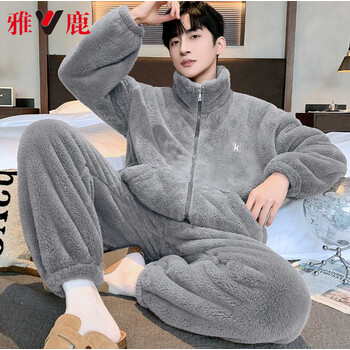 雅鹿珊瑚绒睡衣男冬季加绒加厚2025年新款秋冬天男士法兰绒家居服套装 NSJLY-KS17青瓦灰雪花绒 XL (建议130-150斤)