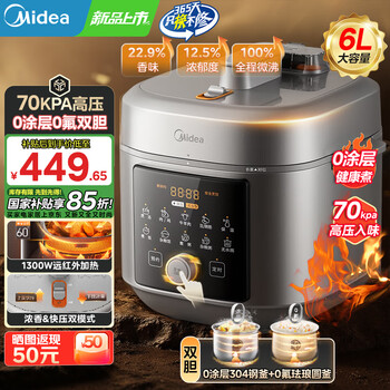 美的（Midea）电压力锅0氟0涂层电高压锅家用6升高压电饭锅电饭煲大容量煮饭锅沸腾浓香双模式70kpa高压零氟双胆 6L 【少盐提鲜 远红外加热 】小飞侠系列