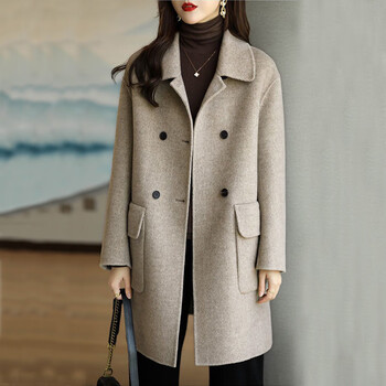 诗迪仕官图秋冬新款毛呢大衣减龄加厚韩版中长款宽松呢子外套女卡其s