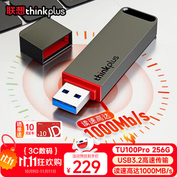 ThinkPlus联想 移动固态U盘 256GB 1000Mb/s USB3.2高速传输大容量闪存优盘手机电脑办公u盘 TU100Pro灰色
