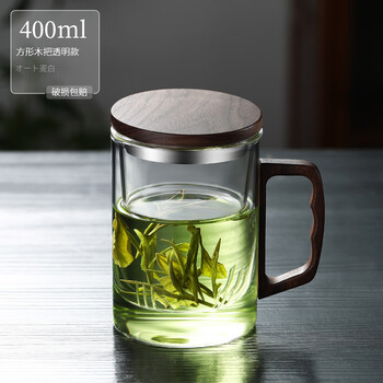 溥畔茶杯茶水分离高档玻璃泡茶杯个人专用办公室男日式过滤喝茶水杯子 方形木把透明款-400ml
