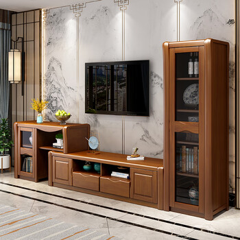高低组合柜可伸缩地柜橡胶木酒柜电视背景墙柜 胡桃色(右高柜左搭柜)