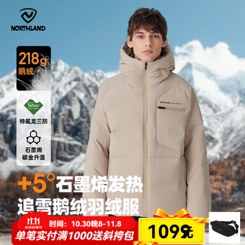 诺诗兰秋冬户外男女羽绒服防寒保暖可升温三防高蓬鹅绒羽绒外套面包服 悬崖卡其色 XL (175) 120-140斤 卡码拍小