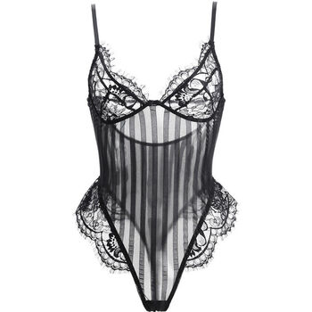 美背性感内衣透视吊带条纹低胸蕾丝开档连体衣激情套装女 黑色开档
