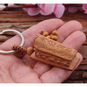 小棺材吊坠 木雕桃木棺材钥匙扣项链吊坠实木升官发财摆件小挂件饰品