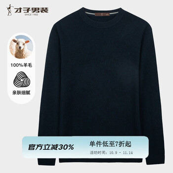 才子(TRIES)男士羊毛衫100%纯羊毛圆领毛衣男款商务休闲纯色保暖针织打底衫 深蓝色 XL 50 (175/92A)