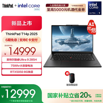 ThinkPad【国家补贴20%】T14p AI 2025 全新酷睿Ultra处理器 联想14.5英寸3K高性能标压工程师本笔记本电脑 Ultra9-285H 32G 1T 8G独显