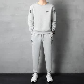 冬季大码休闲运动服男士卫衣三件套爸爸秋装套装 tz19灰色圆领两件套