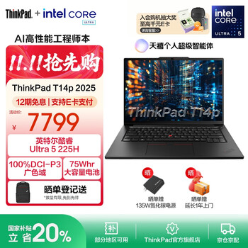 ThinkPad【国家补贴20%】T14p AI 2025 全新酷睿Ultra处理器 联想14.5英寸3K高性能标压工程师本笔记本电脑 Ultra 5-225H 32G 1TB-01CD