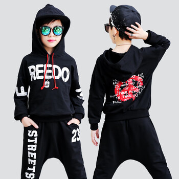 潮装男童街舞套装儿童帅气爵士舞蹈表演出服韩版男孩嘻哈长袖 黑色