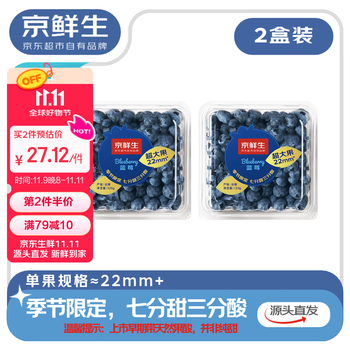 京鲜生 云南蓝莓 超大果22mm+ 2盒装 生鲜水果 源头直发 包邮