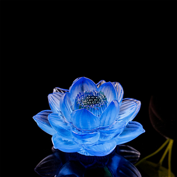 古法琉璃吉祥莲花摆件家居佛堂供奉摆件莲花烛台供花 蓝色
