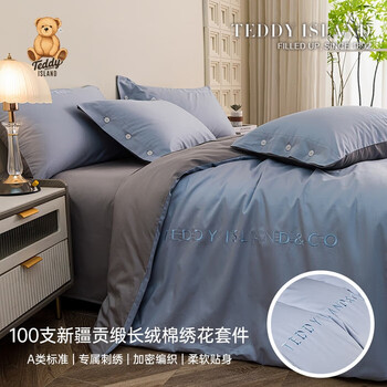 100支新疆长绒棉四件套字母绣花纯棉床单床笠床上用品 铃兰+浅灰 1.8床 床单款 （被套200*230cm）