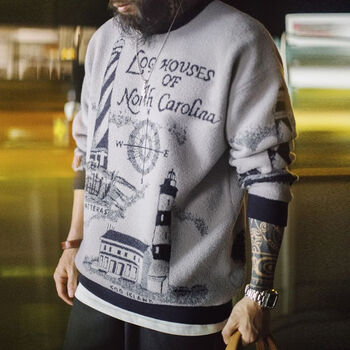 马登工装守望塔提花毛衣男秋冬软糯保暖套头衫美式复古加厚男士针织衫 烟灰色 L