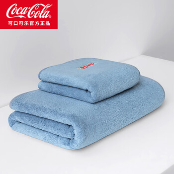 可口可乐毛浴巾家用洗脸男女成人速干发珊瑚绒洗澡情侣 蓝色（浴巾+浴帽） 2条 80g