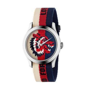 古驰guccigtimeless系列三色狼头尼龙带时尚石英中性手腕表y黑红白拼