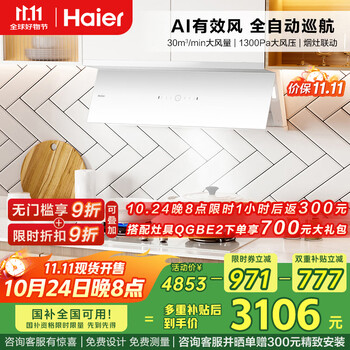20点开始：海尔 Haier 小红花白色全自动C50max油烟机+烟灶联动936UD套装