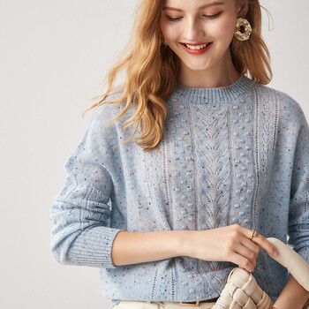帕罗（PALUOPO）【100山羊绒】秋冬镂空绞花设计淑女宽松气质针织羊绒衫女 天兰彩点 S 95