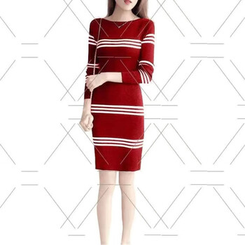 【女装新款】秋冬新款针织连衣裙2021女装条纹中长款收腰显瘦包臀毛衣打底裙女 红色 L【100一120】斤