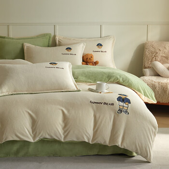 AIDLIA类加厚牛奶绒四件套冬天保暖牛奶绒床单被套被罩床上用品 可可熊-奶白+抹茶绿 1.5/1.8m床 床单款 （被套200*230cm）