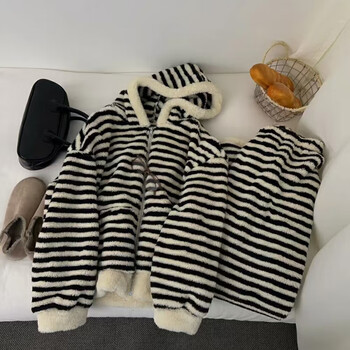 宝娜斯(BONAS)法兰绒绒睡衣两件套女士秋冬季加厚加绒保暖可爱毛绒宽松家居 斑马条纹拉链-连帽 L 码(建议90-120斤)