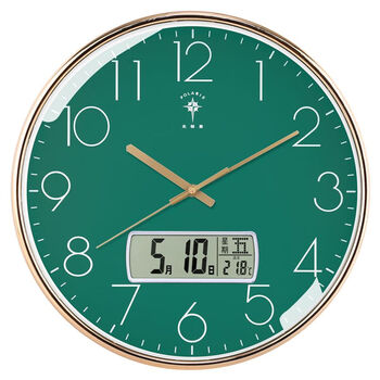 北极星挂钟客厅钟表简约时尚家用静音时钟卧室壁钟日历挂表石英钟 金【绿】日历 12英寸
