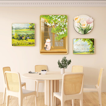 艾格辰北欧餐厅装饰画小清新餐桌背景墙壁画奶油风温馨简约花卉组合挂画 惬意时光-金 PVC【24寸】40*60+30*30+2530+