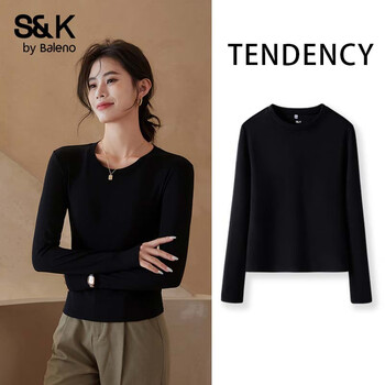 Baleno 班尼路 S&K系列打底衫女装长袖t恤2025年秋冬季螺纹亲肤圆领秋上衣服 黑#纯色 S