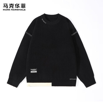 马克华菲（MARK FAIRWHALE）新款撞线圆领毛衣男装秋冬季潮流宽松柔软亲肤舒适透气不臃肿上衣 【撞色毛衣】-黑#纯色 XL