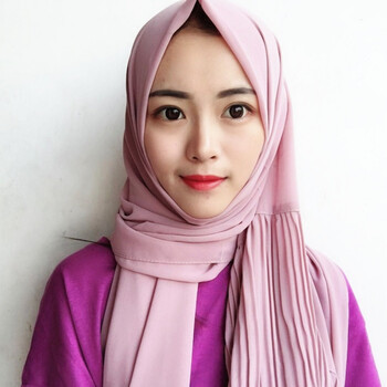 穆斯林头巾马来中东迪拜沙特旅行民族头回族单色压皱拼接头巾珍珠雪纺