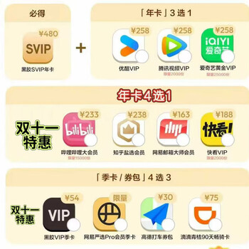 Tencent Video 腾讯视频 网易云SVIP年卡+（优酷/腾讯/爱奇艺3选1）+(哔哩/知乎/网易邮箱/快看4选1）+（季卡/券包4选3）