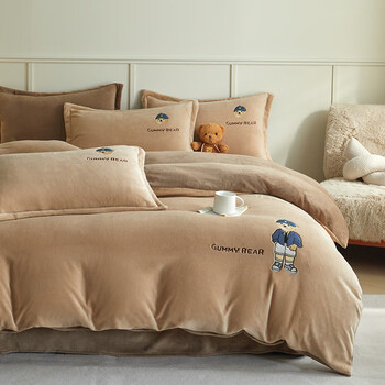 AIDLIA类加厚牛奶绒四件套冬天保暖牛奶绒床单被套被罩床上用品 可可熊-奶茶咖+深咖 1.5/1.8m床 床单款 （被套200*230cm）