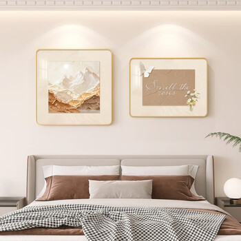 艾格辰奶油风卧室装饰画房间床头背景墙挂画轻奢感日照金山挂墙壁画 日照金山A款 PVC金色【小款】40*40cm+30*40cm(