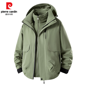 皮尔卡丹三合一冲锋衣可卸帽新款秋冬户外加厚防风防水冲锋衣男女 军绿色 【6609】 S 【三合一】
