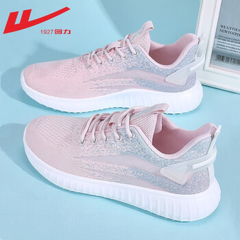 回力运动鞋女鞋春季透气飞织鞋女户外网鞋减震慢跑步鞋子女樱花粉0886