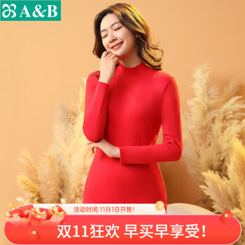 AB内衣保暖套装本命年女亲肤纯棉刷绒打底棉毛衫半高领秋衣秋裤K098 大红 L