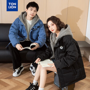 唐狮（TonLion）情侣小标拼接仿羊羔绒短款连帽羽绒服 雾蓝 L